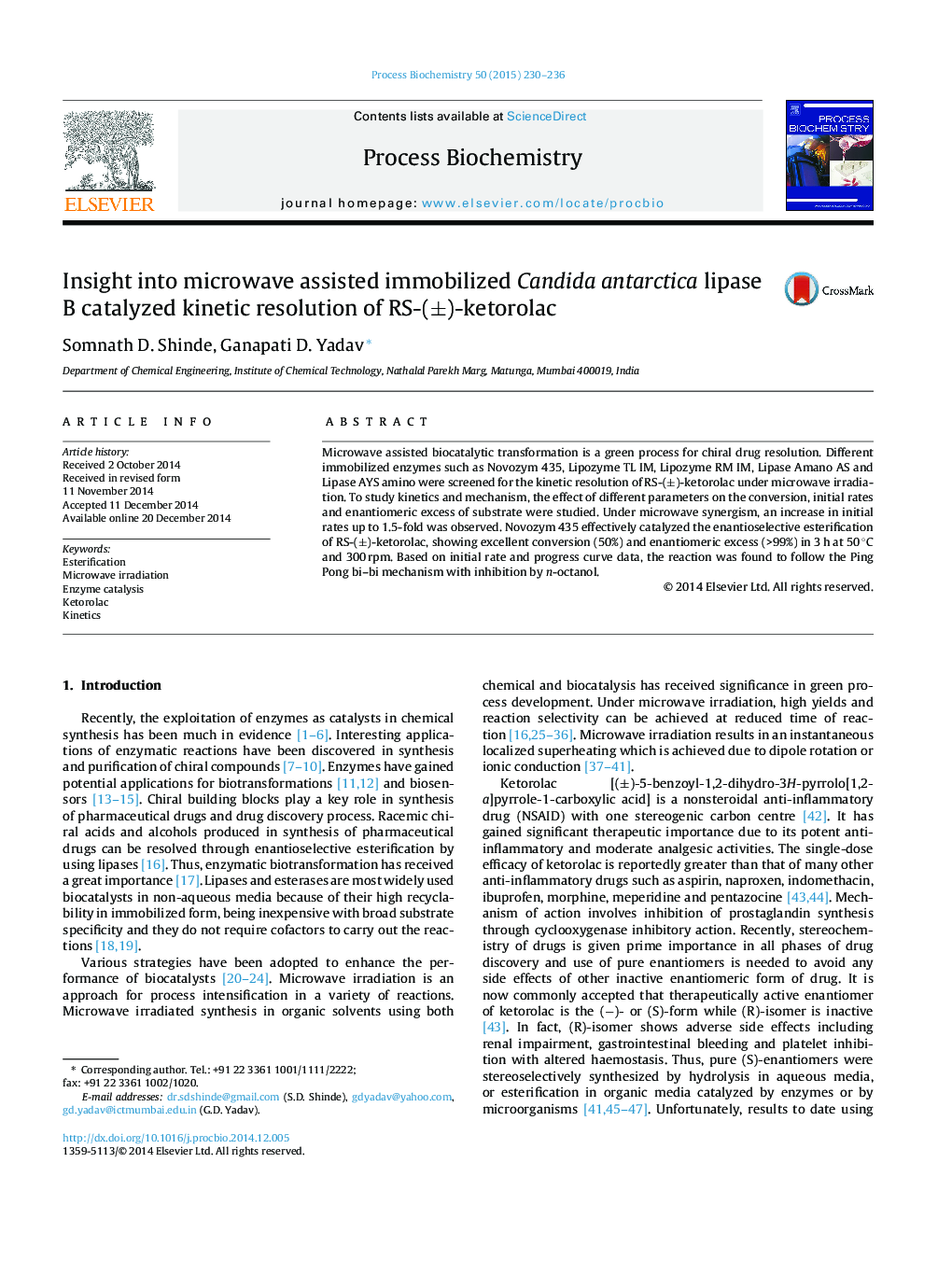 Insight into microwave assisted immobilized Candida antarctica lipase B catalyzed kinetic resolution of RS-(±)-ketorolac