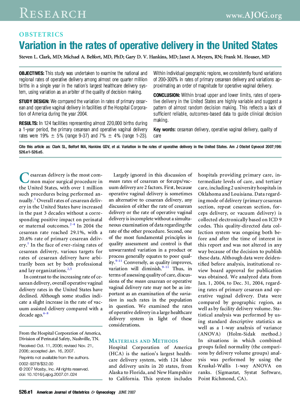 Variation in the rates of operative delivery in the United States