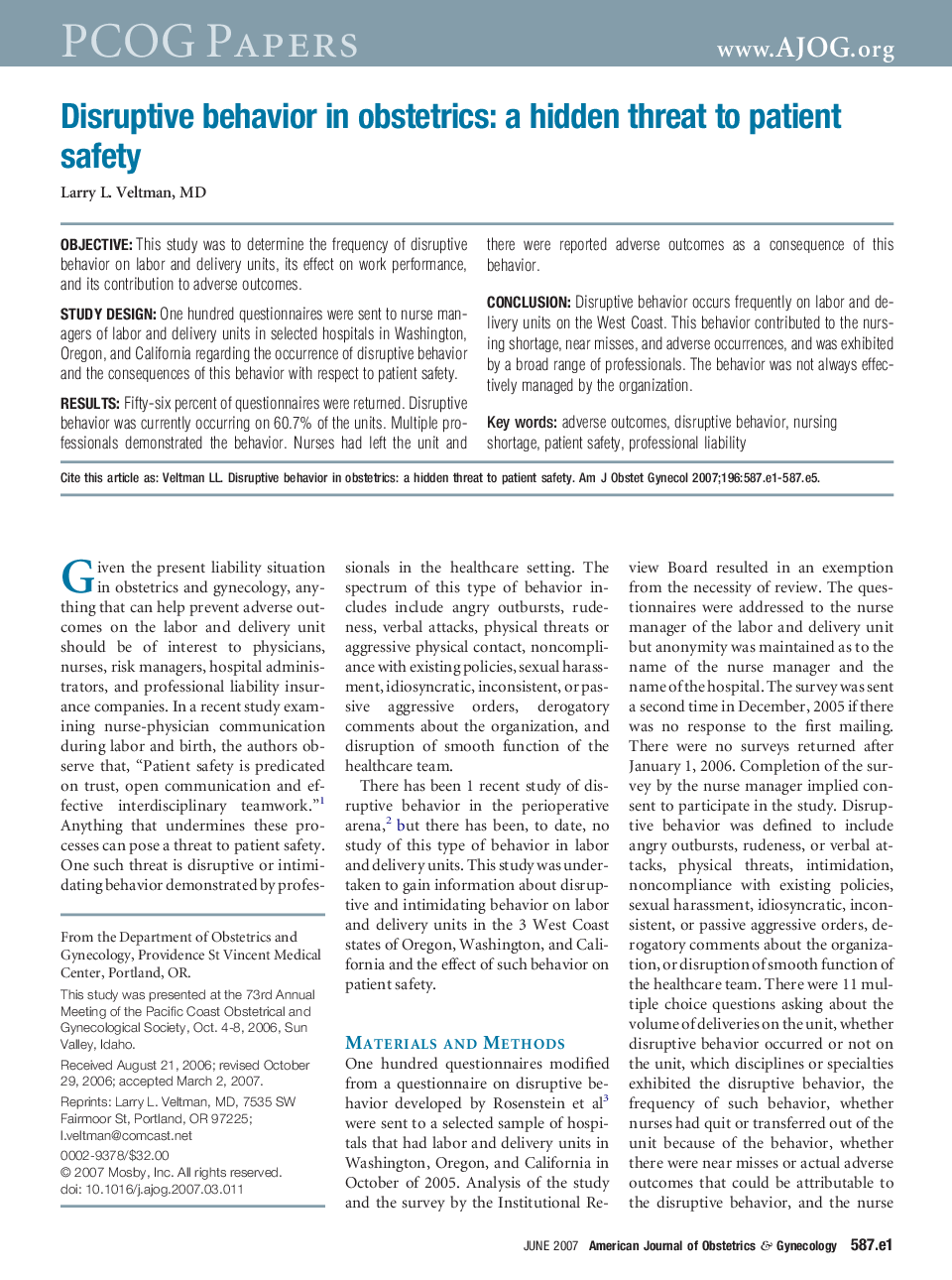 Disruptive behavior in obstetrics: a hidden threat to patient safety