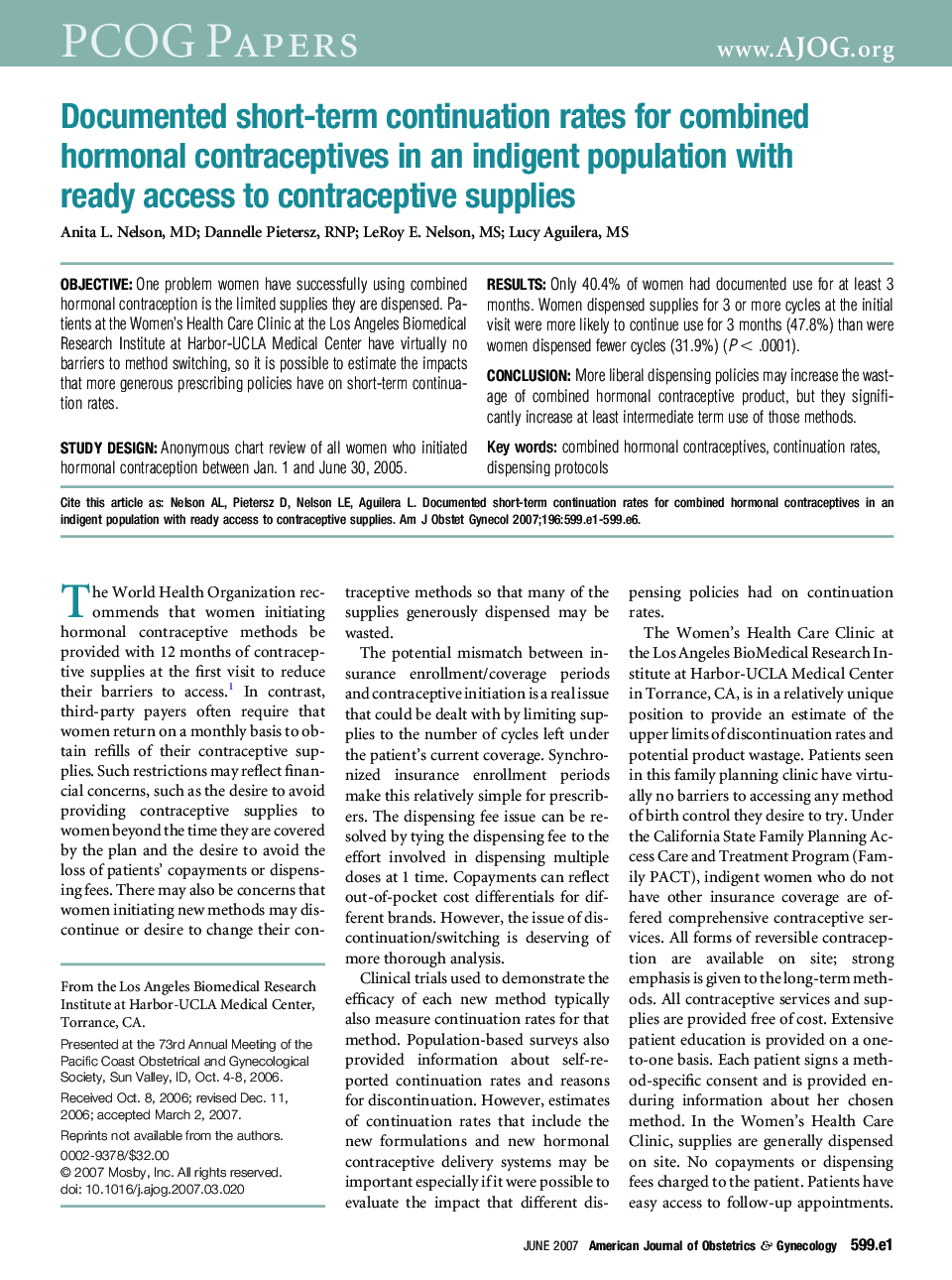 Documented short-term continuation rates for combined hormonal contraceptives in an indigent population with ready access to contraceptive supplies