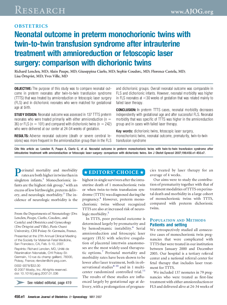 Neonatal outcome in preterm monochorionic twins with twin-to-twin transfusion syndrome after intrauterine treatment with amnioreduction or fetoscopic laser surgery: comparison with dichorionic twins