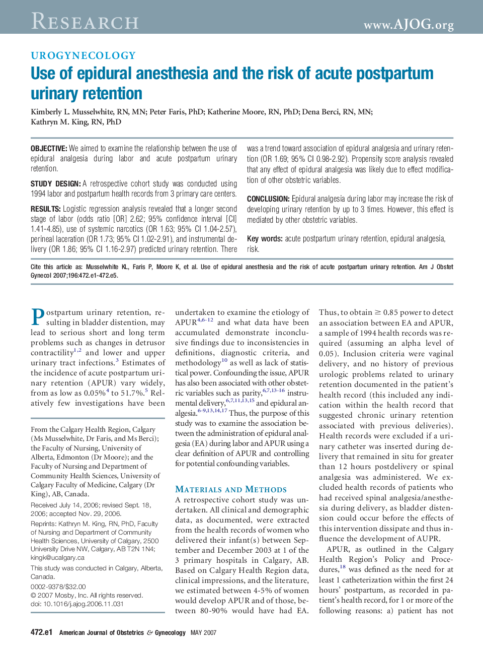 Use of epidural anesthesia and the risk of acute postpartum urinary retention