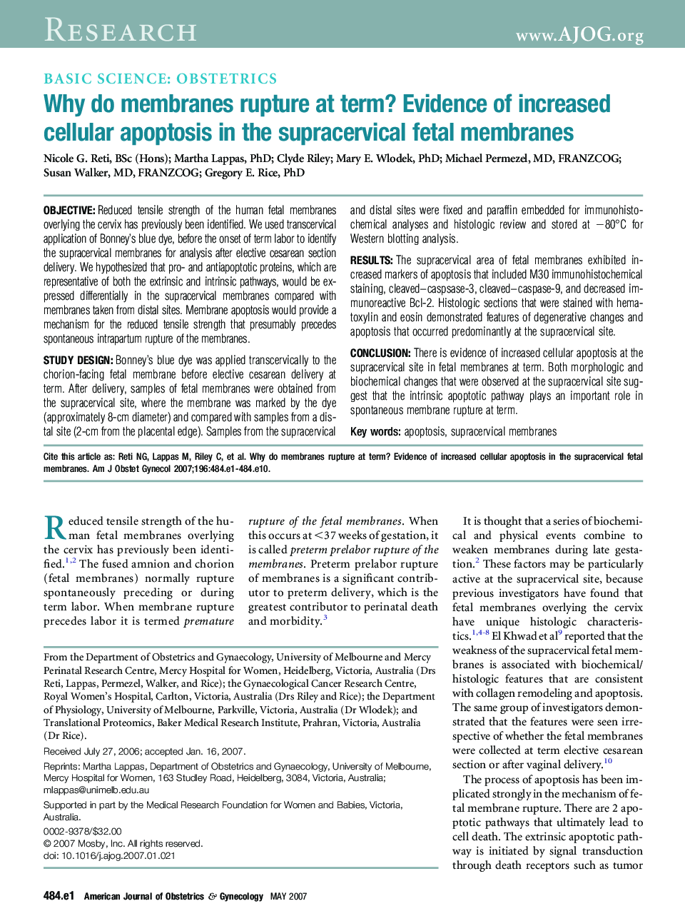 Why do membranes rupture at term? Evidence of increased cellular apoptosis in the supracervical fetal membranes