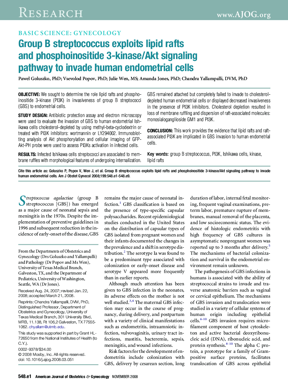 Group B streptococcus exploits lipid rafts and phosphoinositide 3-kinase/Akt signaling pathway to invade human endometrial cells