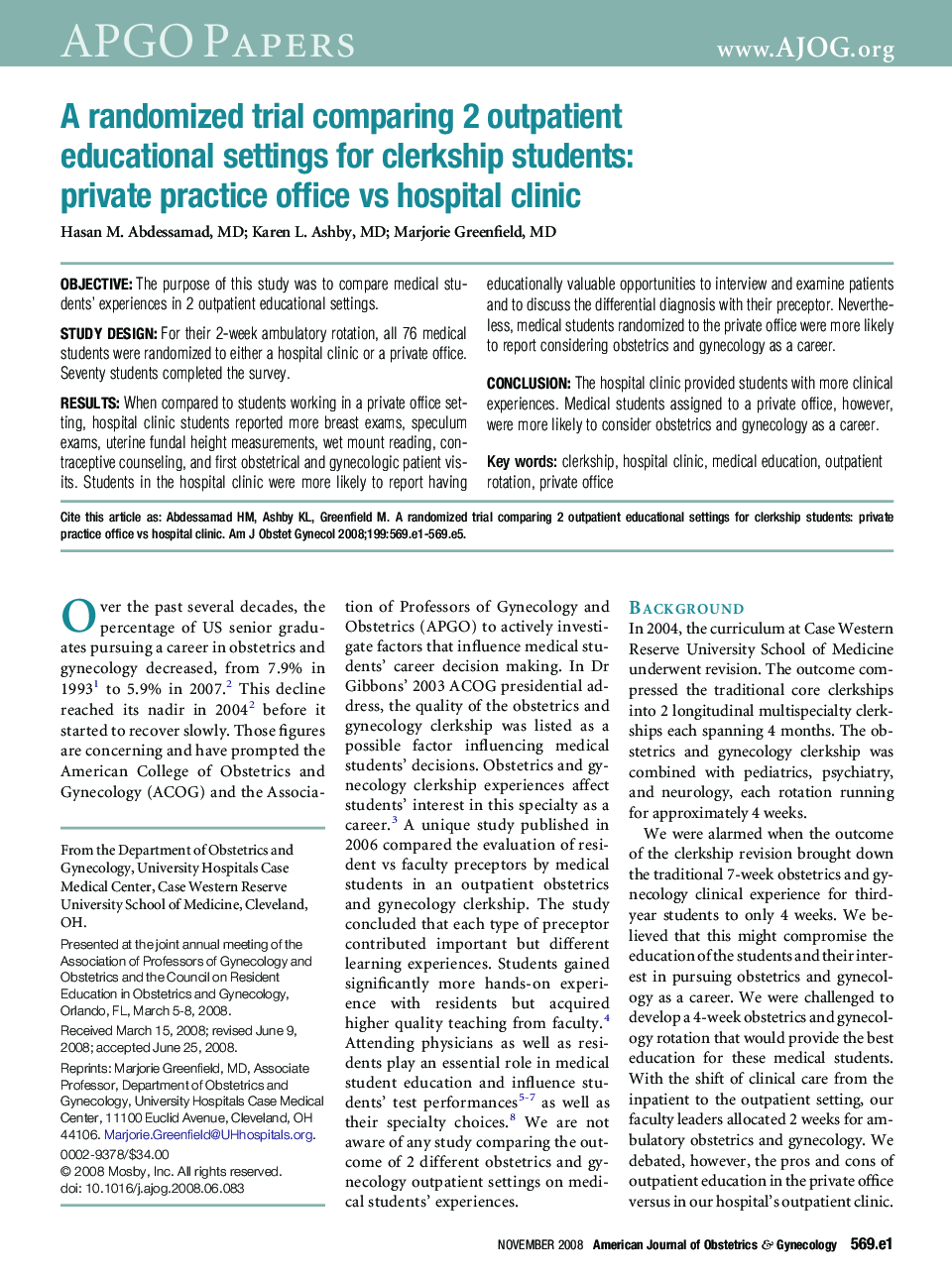 A randomized trial comparing 2 outpatient educational settings for clerkship students: private practice office vs hospital clinic