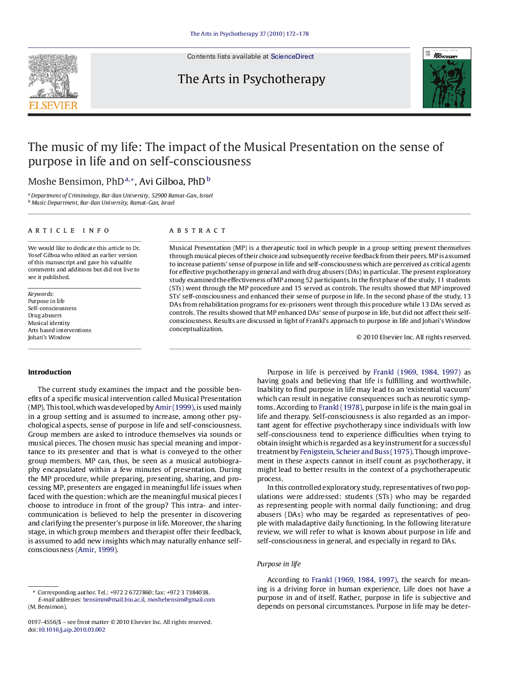 The music of my life: The impact of the Musical Presentation on the sense of purpose in life and on self-consciousness