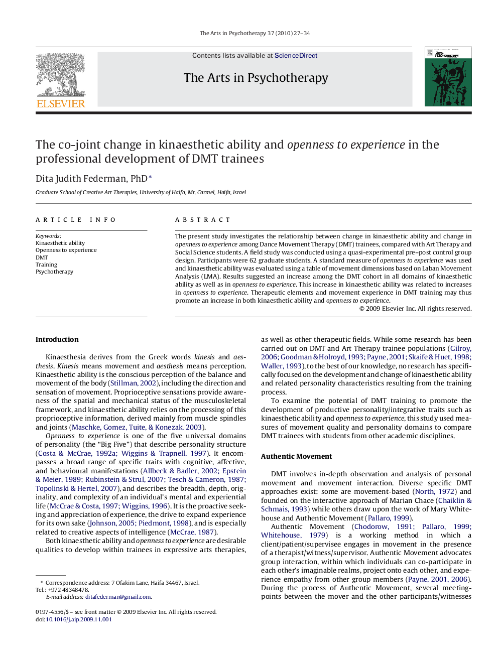 The co-joint change in kinaesthetic ability and openness to experience in the professional development of DMT trainees