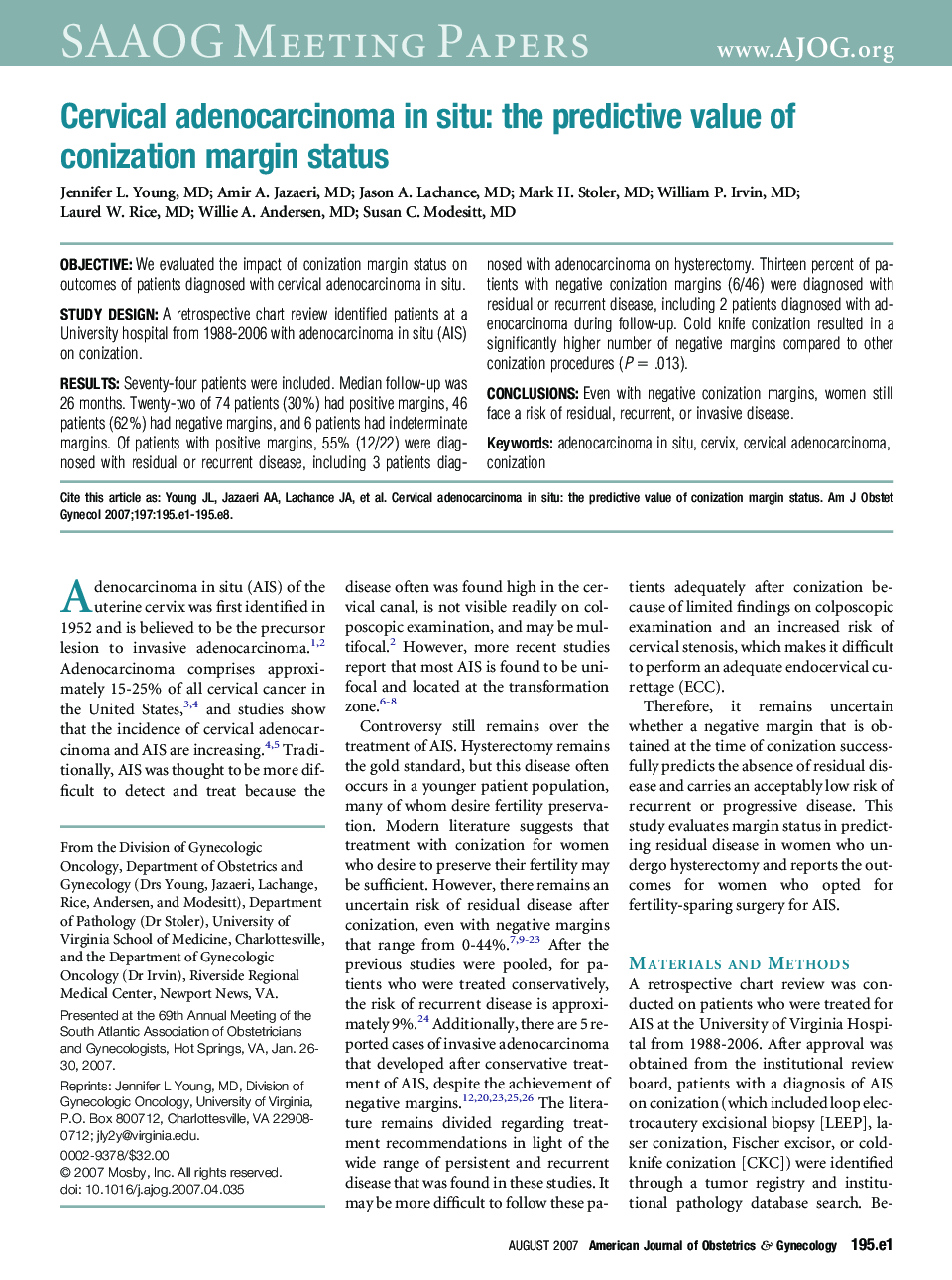 Cervical adenocarcinoma in situ: the predictive value of conization margin status