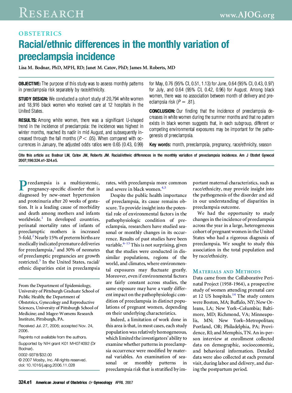 Racial/ethnic differences in the monthly variation of preeclampsia incidence