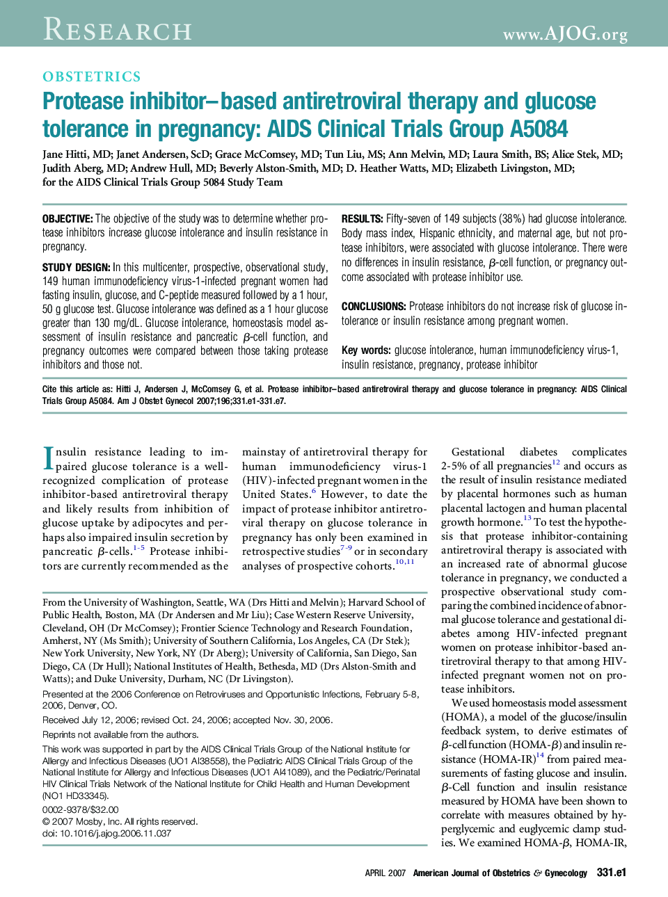 Protease inhibitor-based antiretroviral therapy and glucose tolerance in pregnancy: AIDS Clinical Trials Group A5084