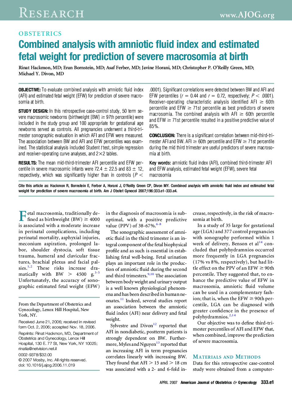 Combined analysis with amniotic fluid index and estimated fetal weight for prediction of severe macrosomia at birth