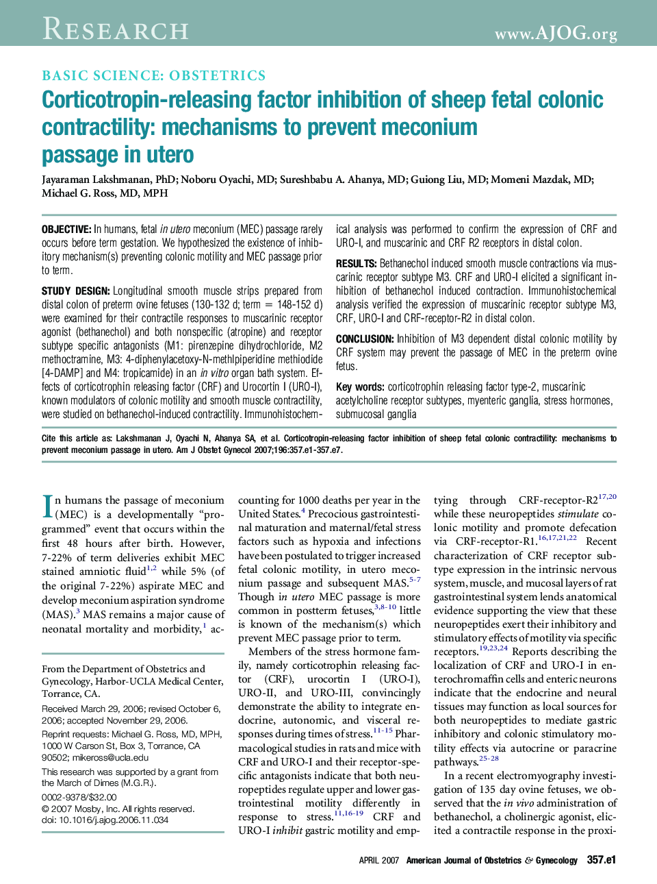 Corticotropin-releasing factor inhibition of sheep fetal colonic contractility: mechanisms to prevent meconium passage in utero