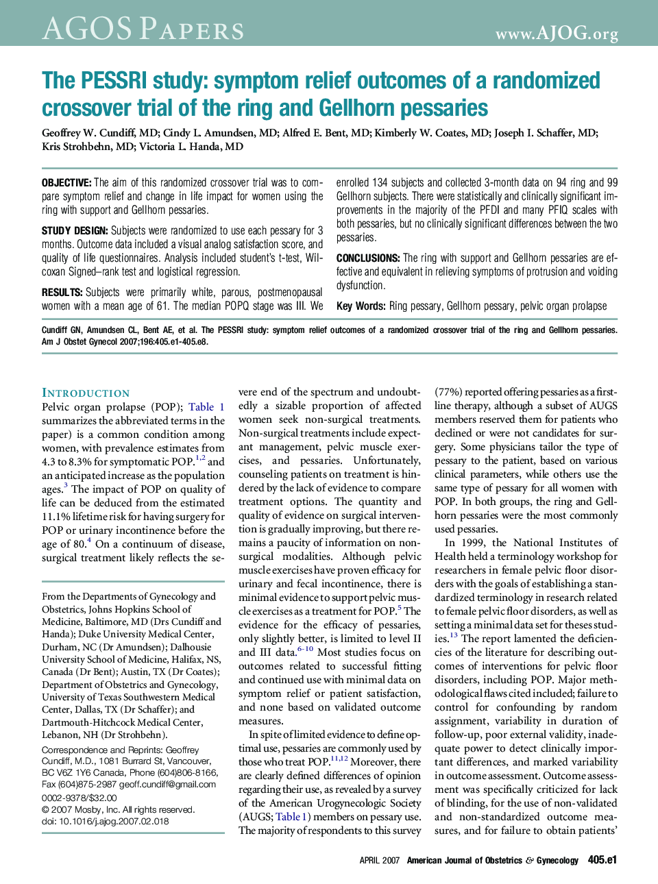 The PESSRI study: symptom relief outcomes of a randomized crossover trial of the ring and Gellhorn pessaries