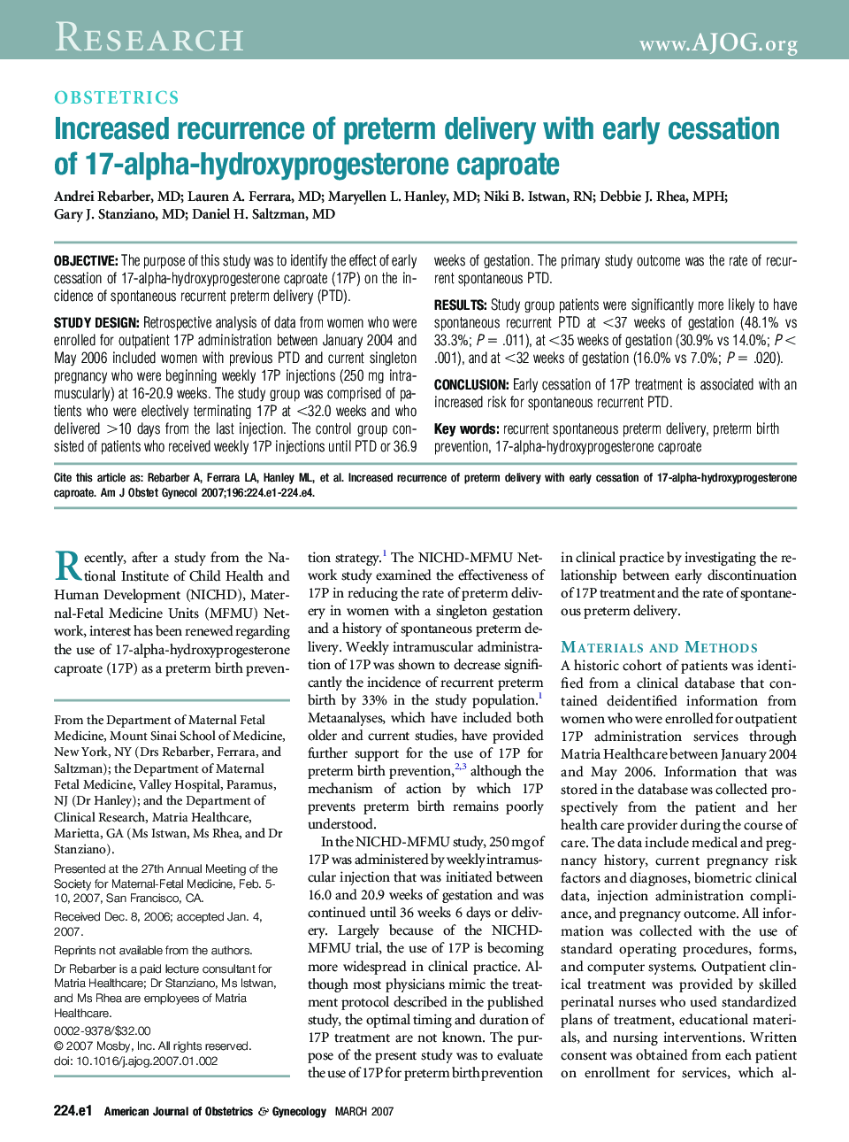 Increased recurrence of preterm delivery with early cessation of 17-alpha-hydroxyprogesterone caproate