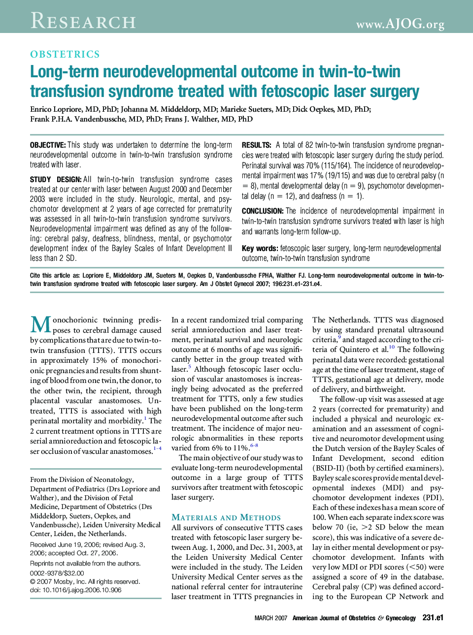 Long-term neurodevelopmental outcome in twin-to-twin transfusion syndrome treated with fetoscopic laser surgery