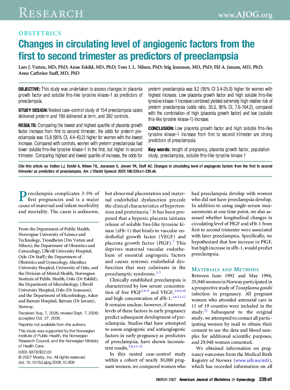 عکس صفحه اول مقاله: Changes in circulating level of angiogenic factors from the first to second trimester as predictors of preeclampsia Changes in circulating level of angiogenic factors from the first to second trimester as predictors of preeclampsia