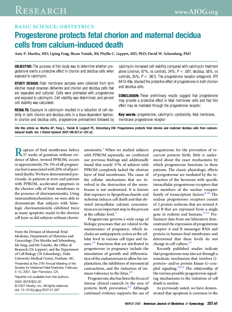 Progesterone protects fetal chorion and maternal decidua cells from calcium-induced death