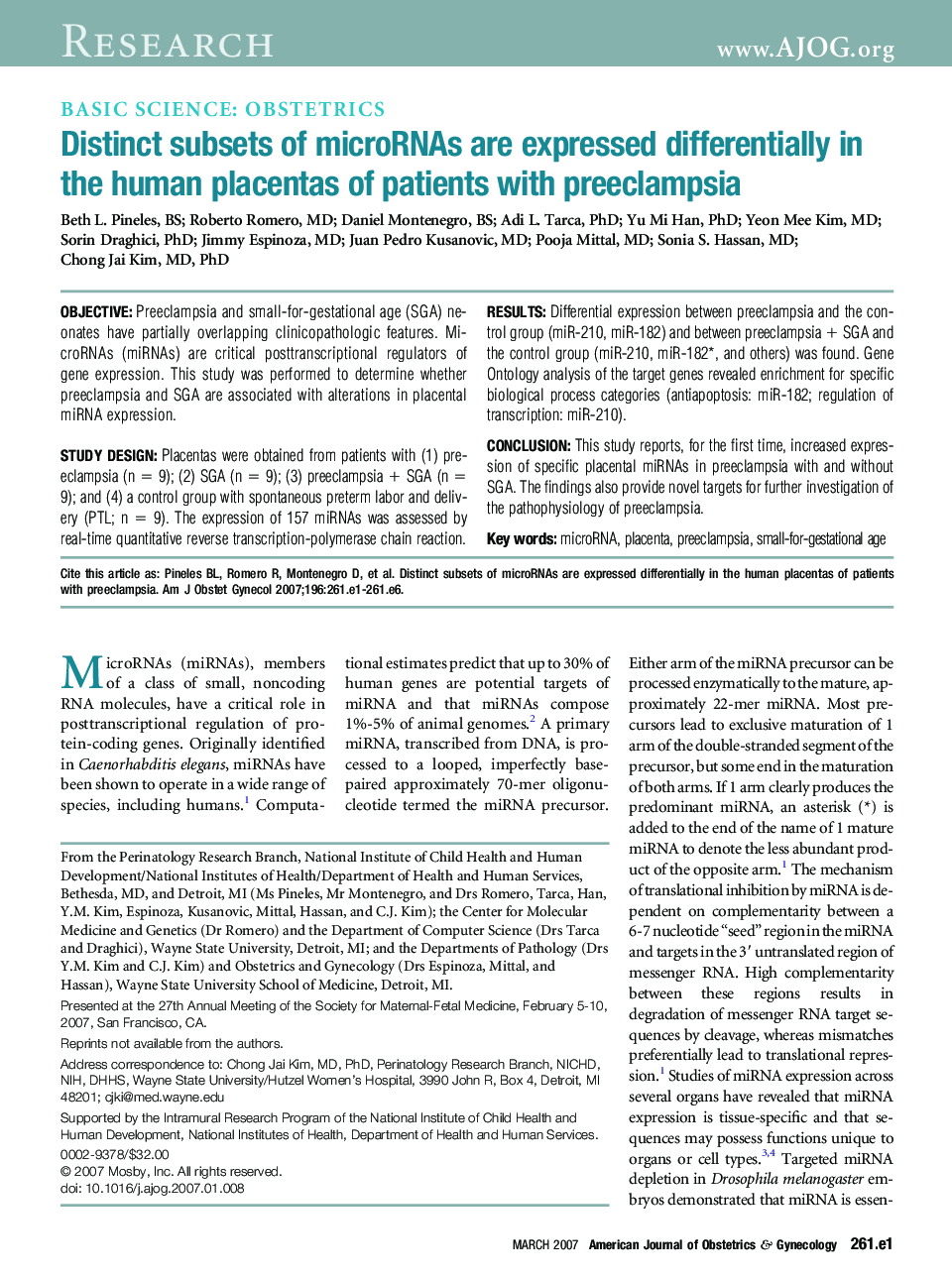 Distinct subsets of microRNAs are expressed differentially in the human placentas of patients with preeclampsia