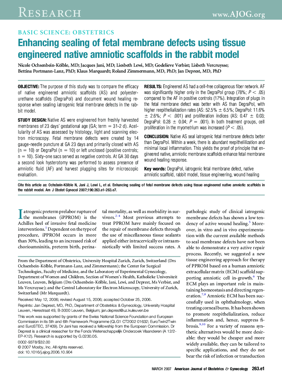 Enhancing sealing of fetal membrane defects using tissue engineered native amniotic scaffolds in the rabbit model