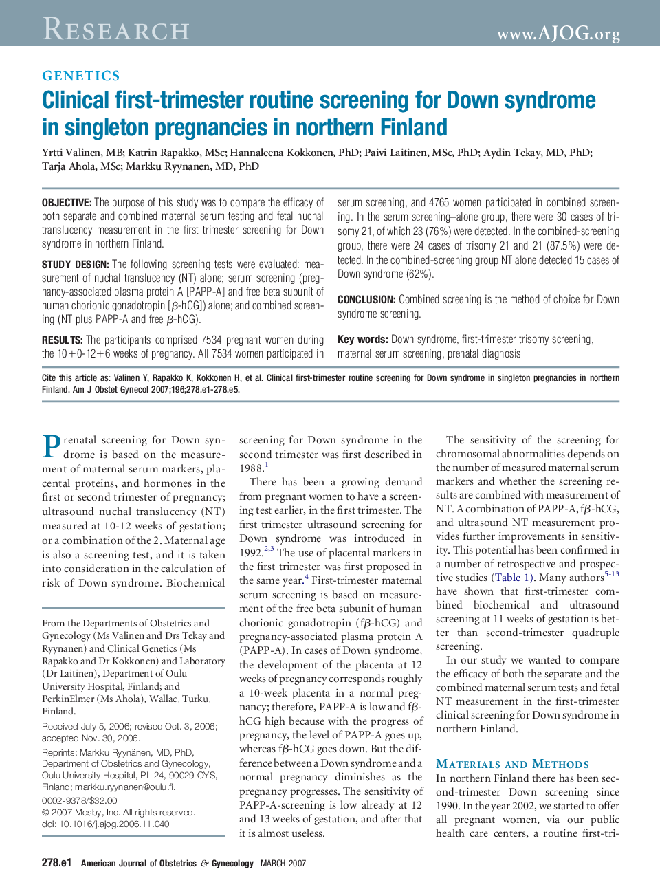 Clinical first-trimester routine screening for Down syndrome in singleton pregnancies in northern Finland