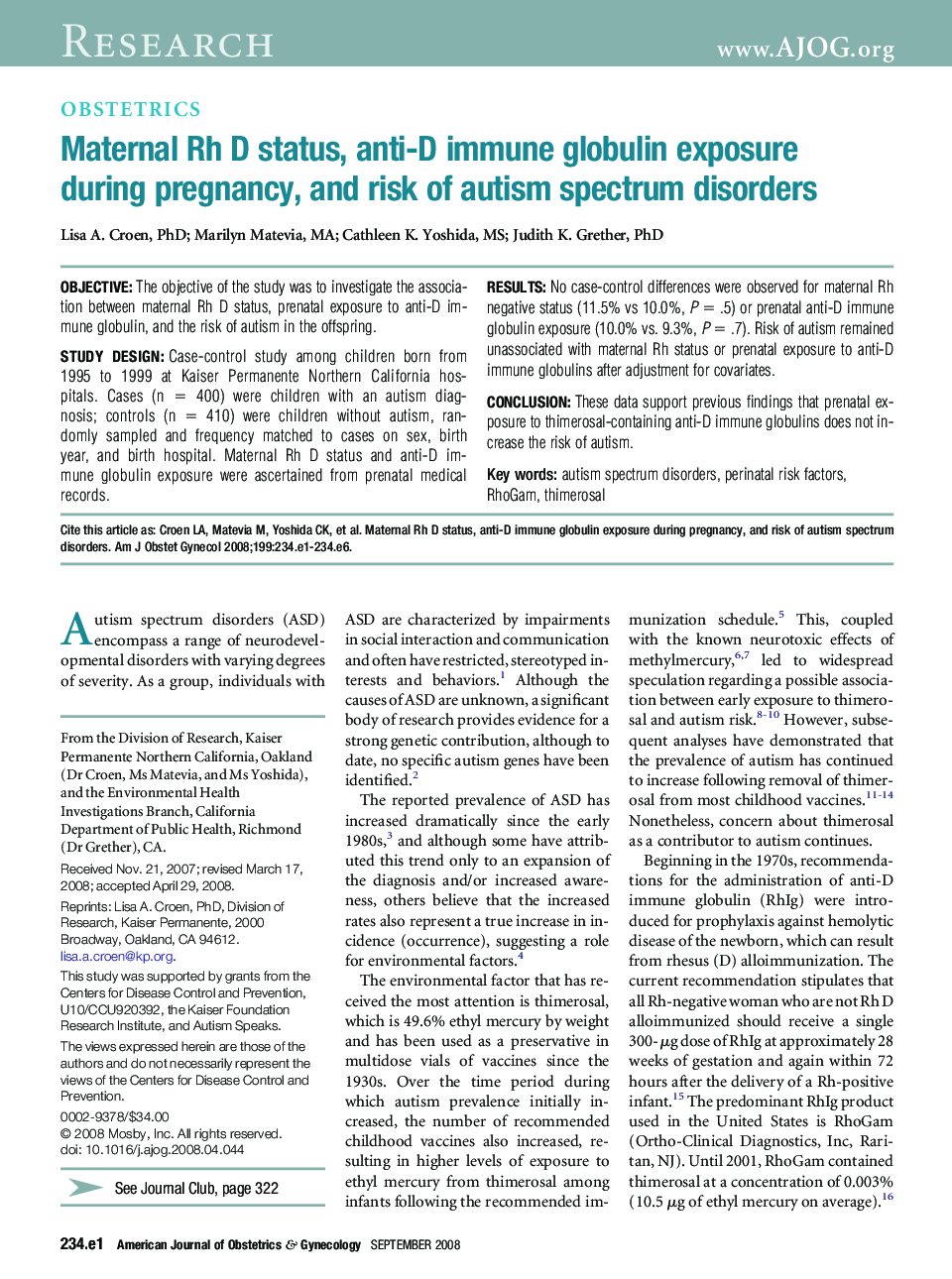 Maternal Rh D status, anti-D immune globulin exposure during pregnancy, and risk of autism spectrum disorders