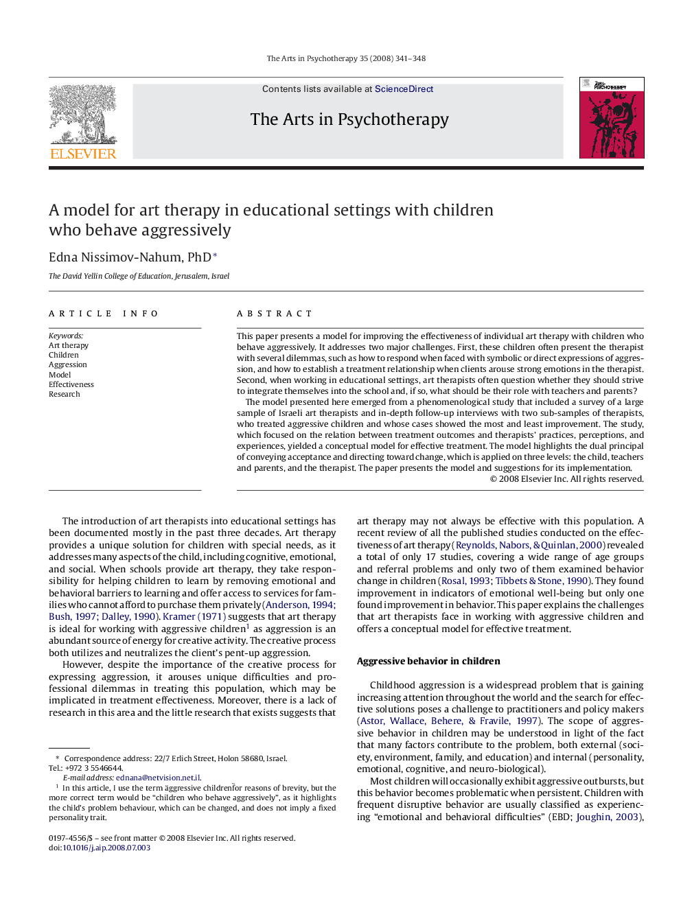 A model for art therapy in educational settings with children who behave aggressively