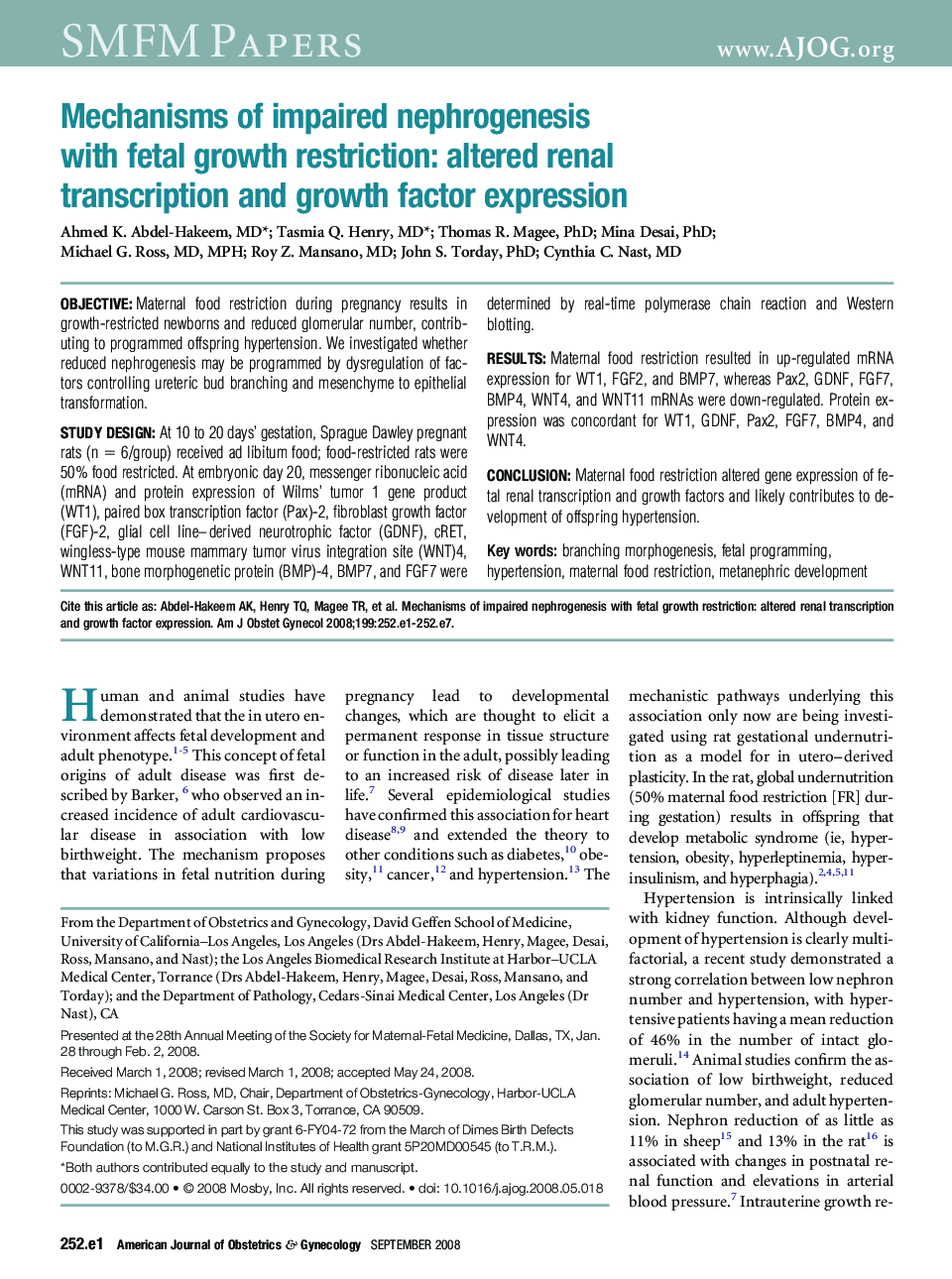 Mechanisms of impaired nephrogenesis with fetal growth restriction: altered renal transcription and growth factor expression