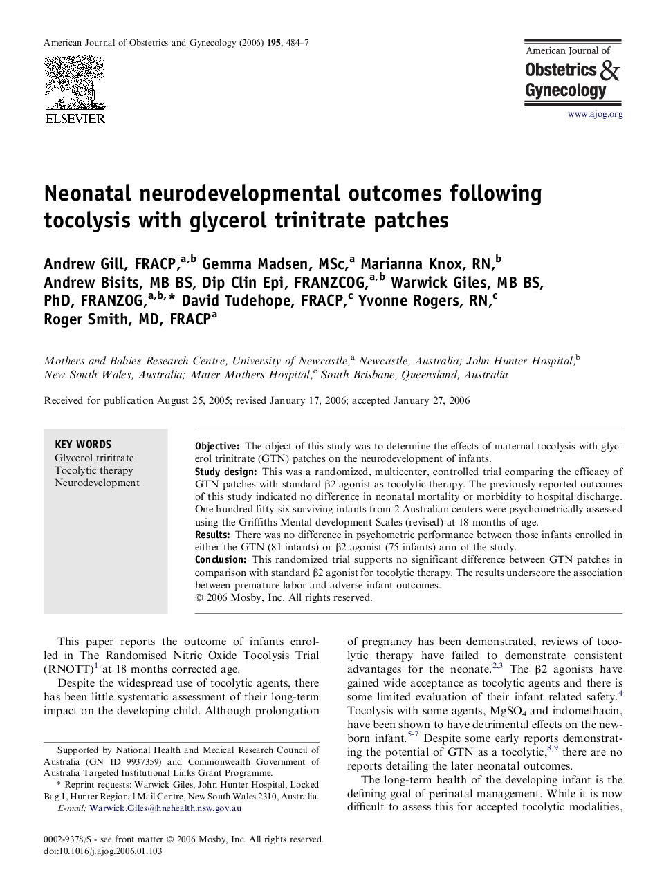 Neonatal neurodevelopmental outcomes following tocolysis with glycerol trinitrate patches