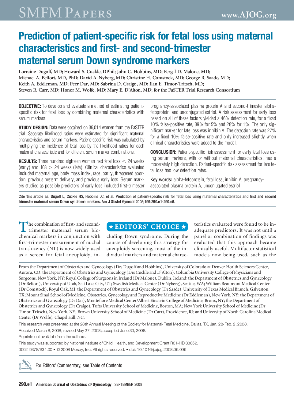 Prediction of patient-specific risk for fetal loss using maternal characteristics and first- and second-trimester maternal serum Down syndrome markers