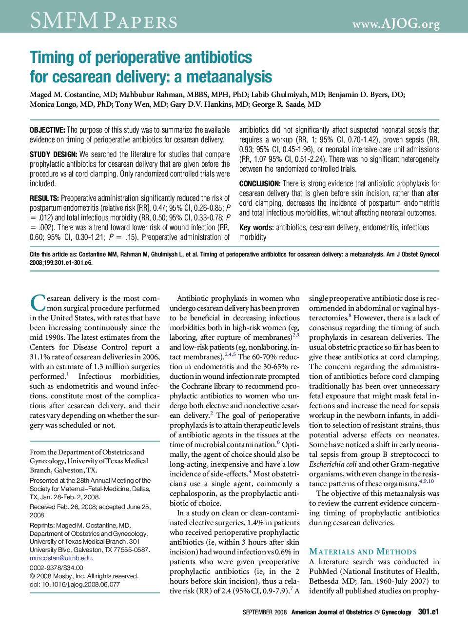 Timing of perioperative antibiotics for cesarean delivery: a metaanalysis