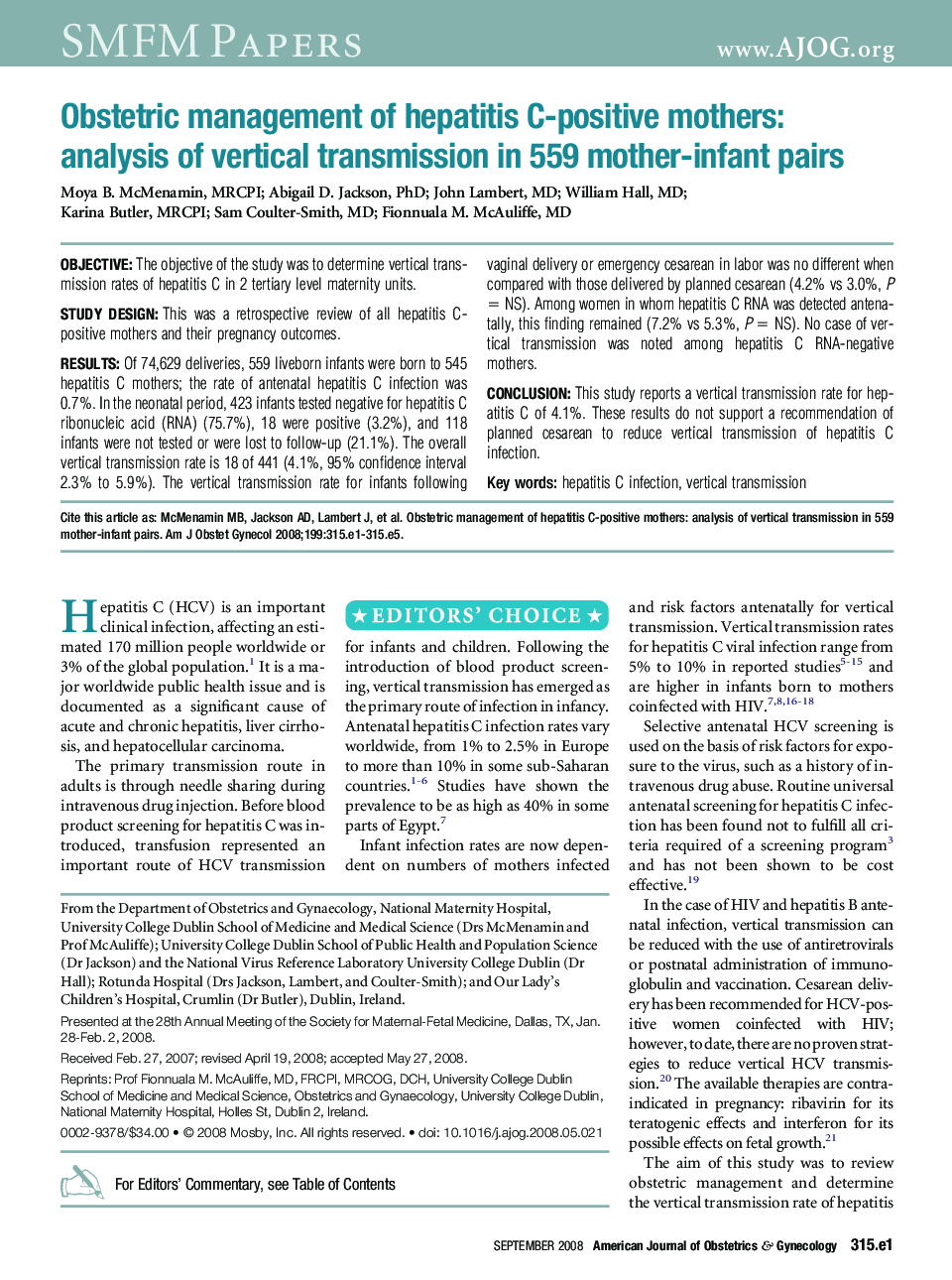 Obstetric management of hepatitis C-positive mothers: analysis of vertical transmission in 559 mother-infant pairs