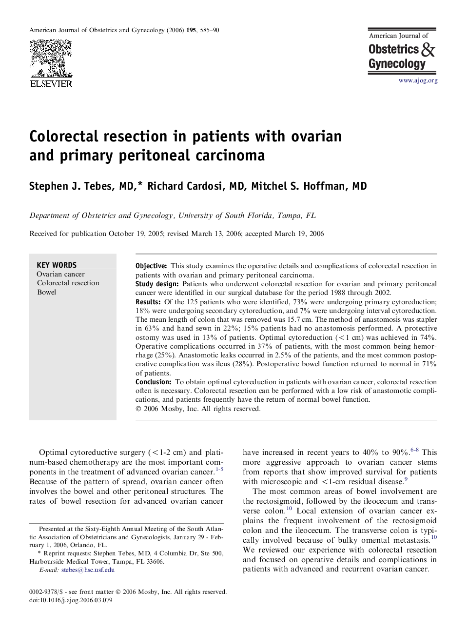 Colorectal resection in patients with ovarian and primary peritoneal carcinoma 