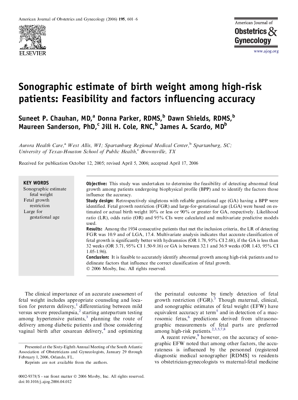 عکس صفحه اول مقاله: Sonographic estimate of birth weight among high-risk patients: Feasibility and factors influencing accuracy Sonographic estimate of birth weight among high-risk patients: Feasibility and factors influencing accuracy