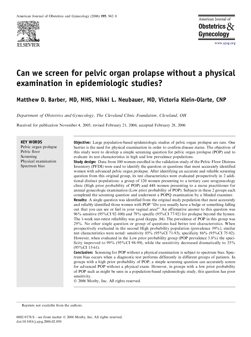 Can we screen for pelvic organ prolapse without a physical examination in epidemiologic studies? 