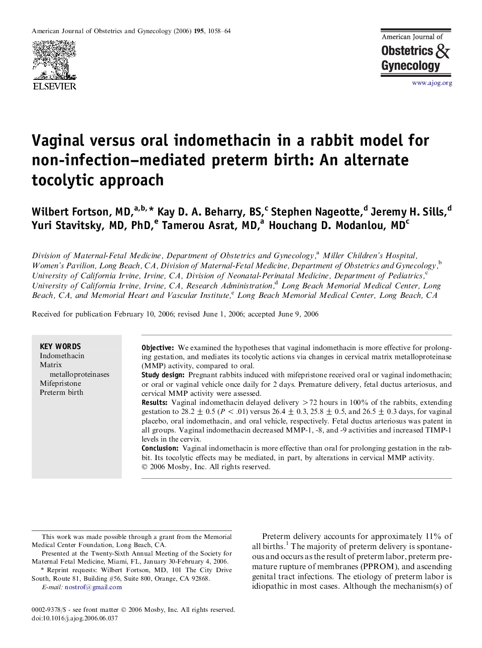 Vaginal versus oral indomethacin in a rabbit model for non-infection-mediated preterm birth: An alternate tocolytic approach