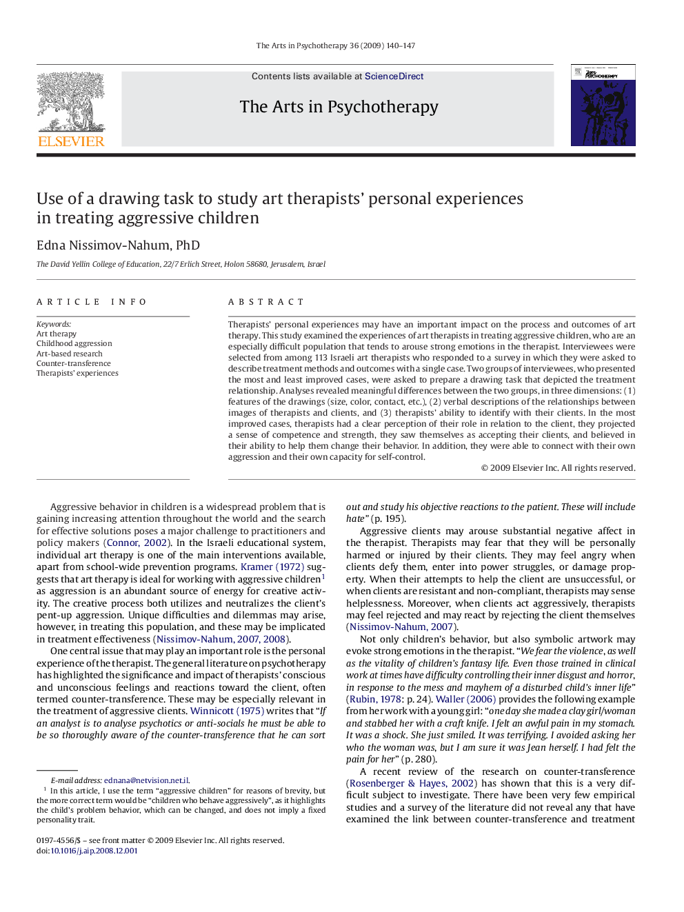 Use of a drawing task to study art therapists’ personal experiences in treating aggressive children