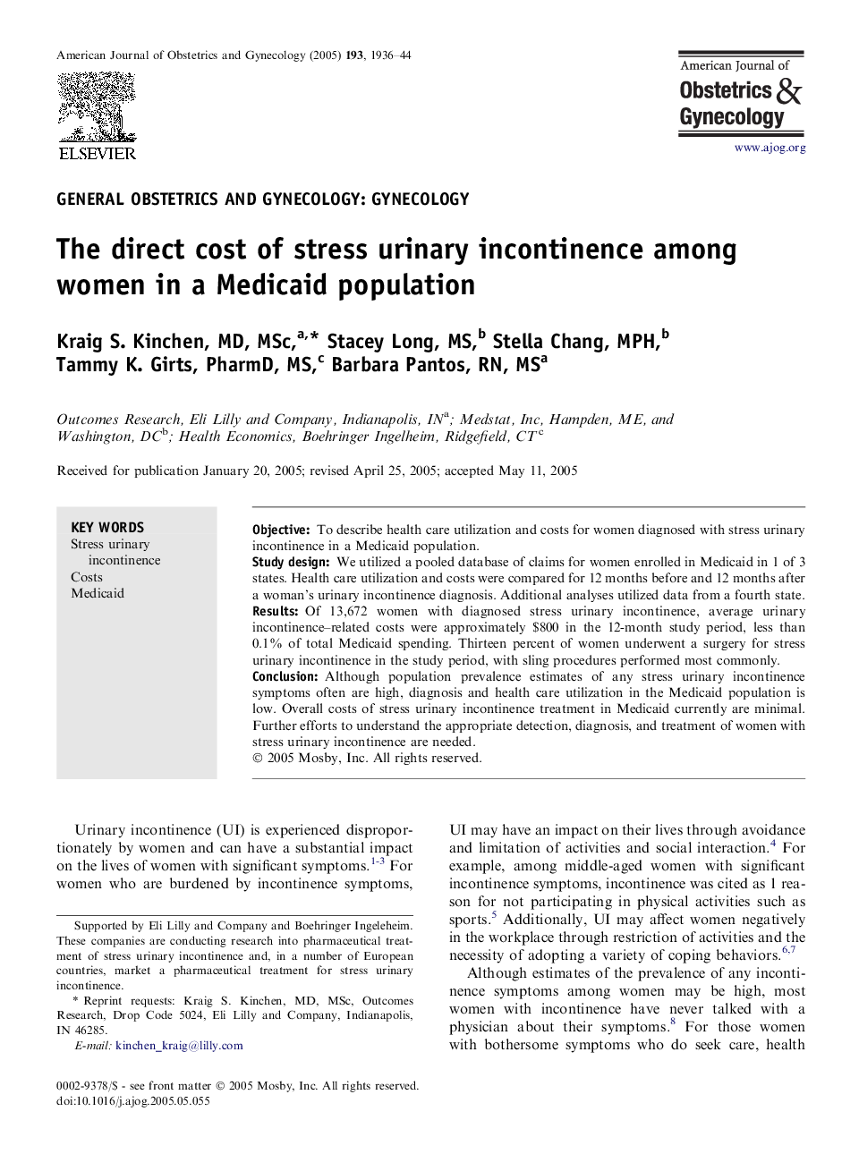 The direct cost of stress urinary incontinence among women in a Medicaid population 