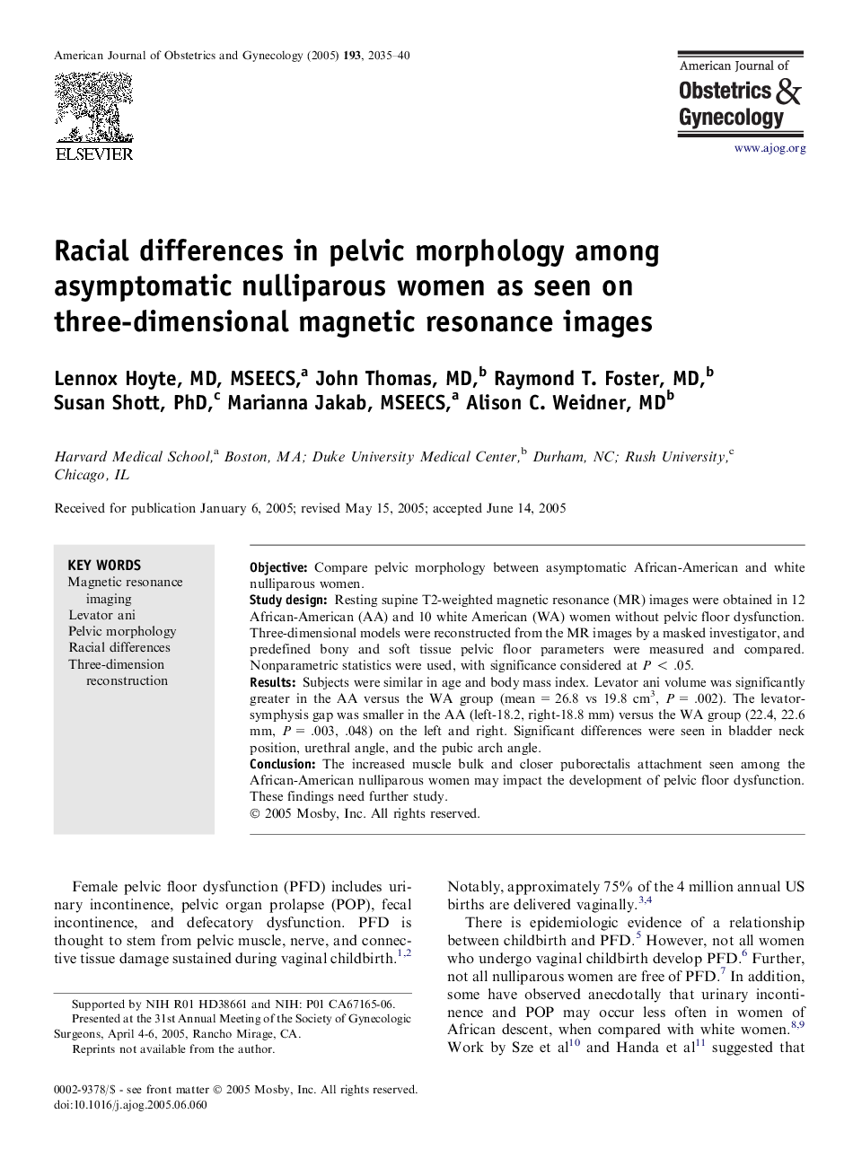 Racial differences in pelvic morphology among asymptomatic nulliparous women as seen on three-dimensional magnetic resonance images 