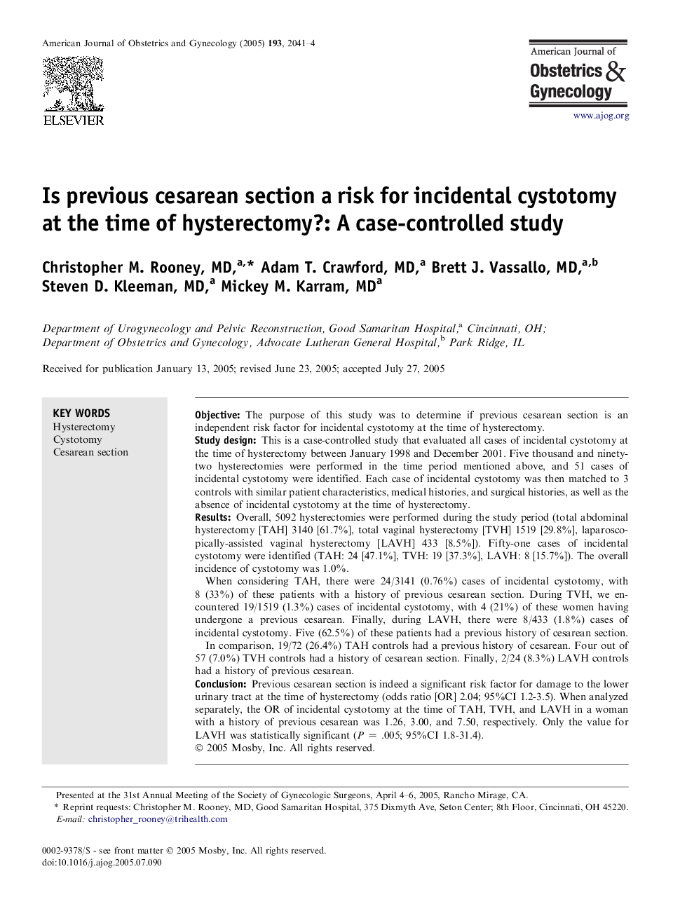 Is previous cesarean section a risk for incidental cystotomy at the time of hysterectomy?: A case-controlled study