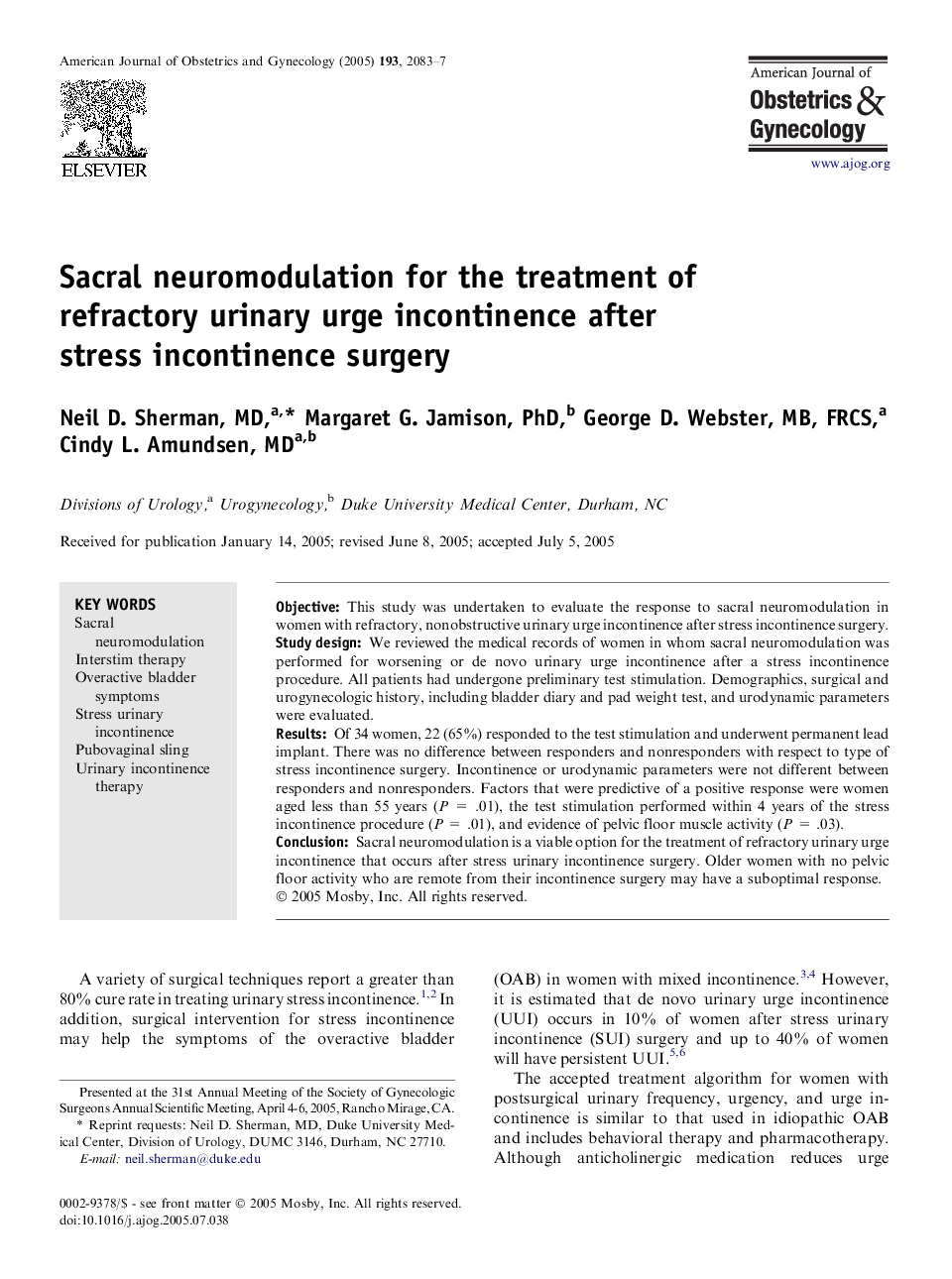 Sacral neuromodulation for the treatment of refractory urinary urge incontinence after stress incontinence surgery 