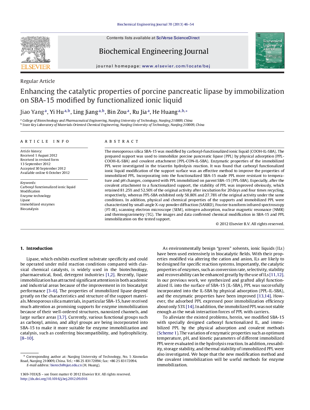 Enhancing the catalytic properties of porcine pancreatic lipase by immobilization on SBA-15 modified by functionalized ionic liquid