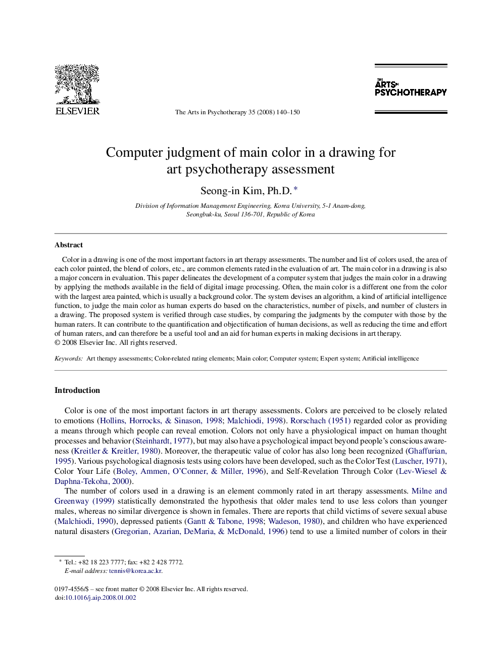 Computer judgment of main color in a drawing for art psychotherapy assessment