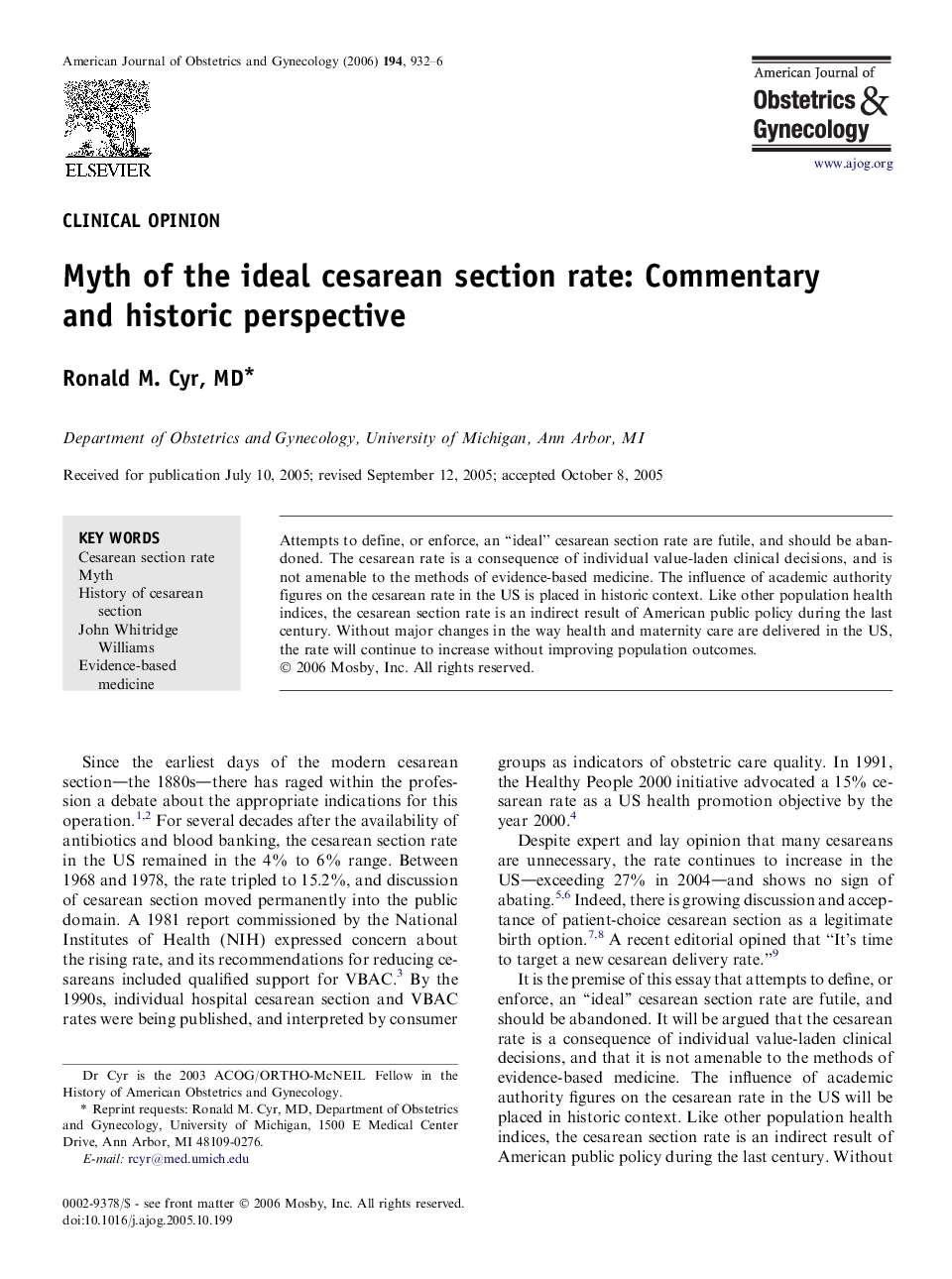 Myth of the ideal cesarean section rate: Commentary and historic perspective 