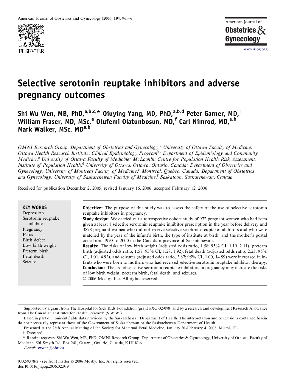 Selective serotonin reuptake inhibitors and adverse pregnancy outcomes 