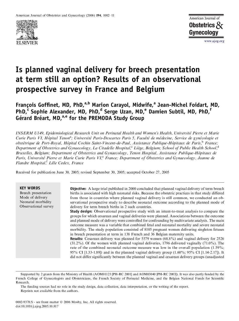 Is planned vaginal delivery for breech presentation at term still an option? Results of an observational prospective survey in France and Belgium 