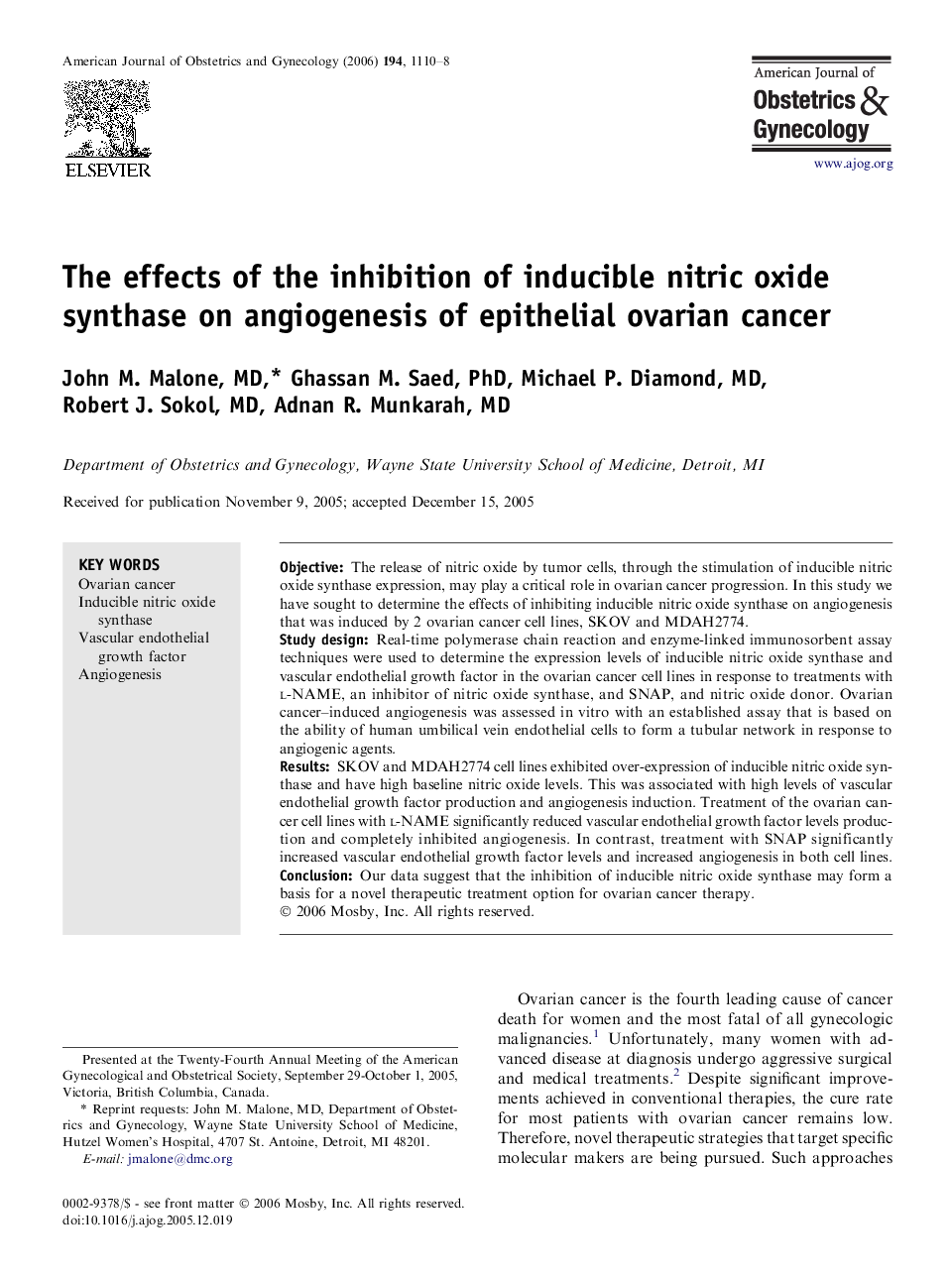 The effects of the inhibition of inducible nitric oxide synthase on angiogenesis of epithelial ovarian cancer 