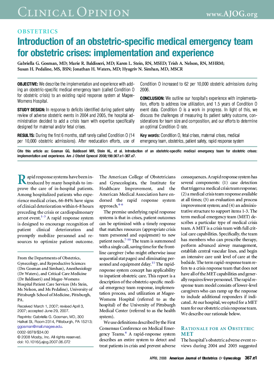 Introduction of an obstetric-specific medical emergency team for obstetric crises: implementation and experience