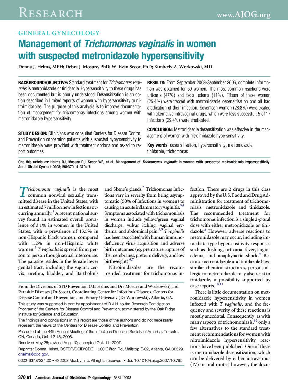 Management of Trichomonas vaginalis in women with suspected metronidazole hypersensitivity