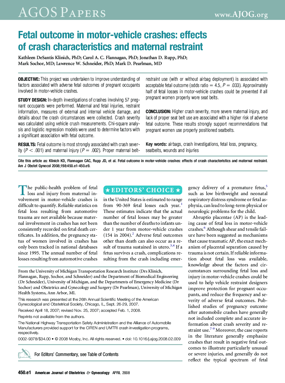 Fetal outcome in motor-vehicle crashes: effects of crash characteristics and maternal restraint