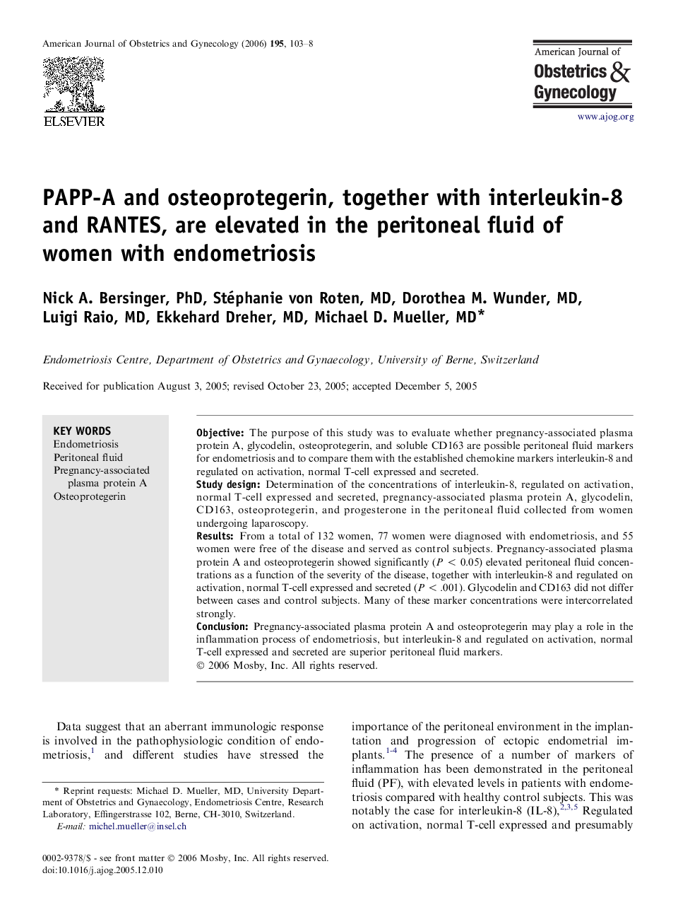 PAPP-A and osteoprotegerin, together with interleukin-8 and RANTES, are elevated in the peritoneal fluid of women with endometriosis